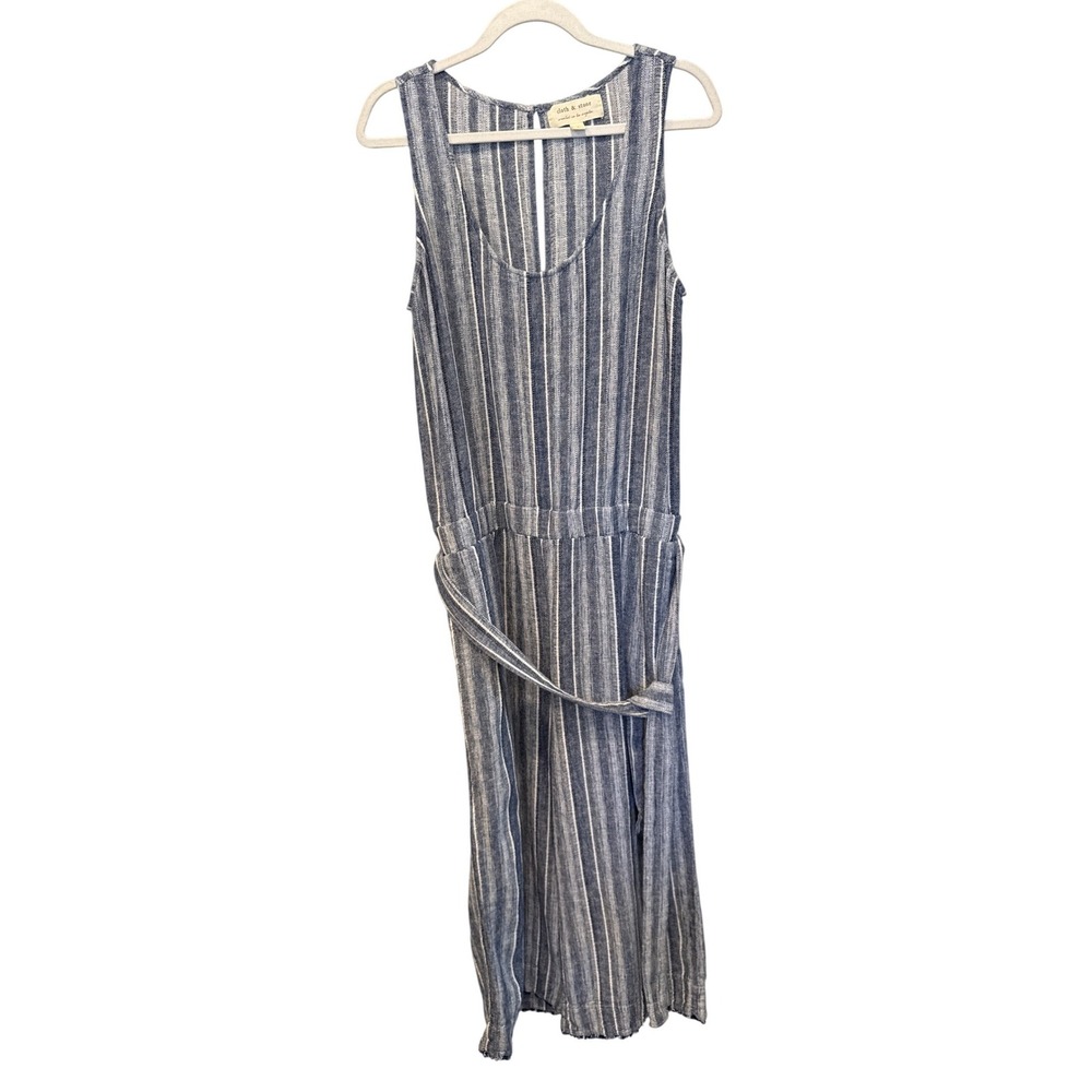 Cloth & Stone Striped Linen Blend Wide Leg Jumpsuit Belted Cropped Open Back L - Picture 3 of 11